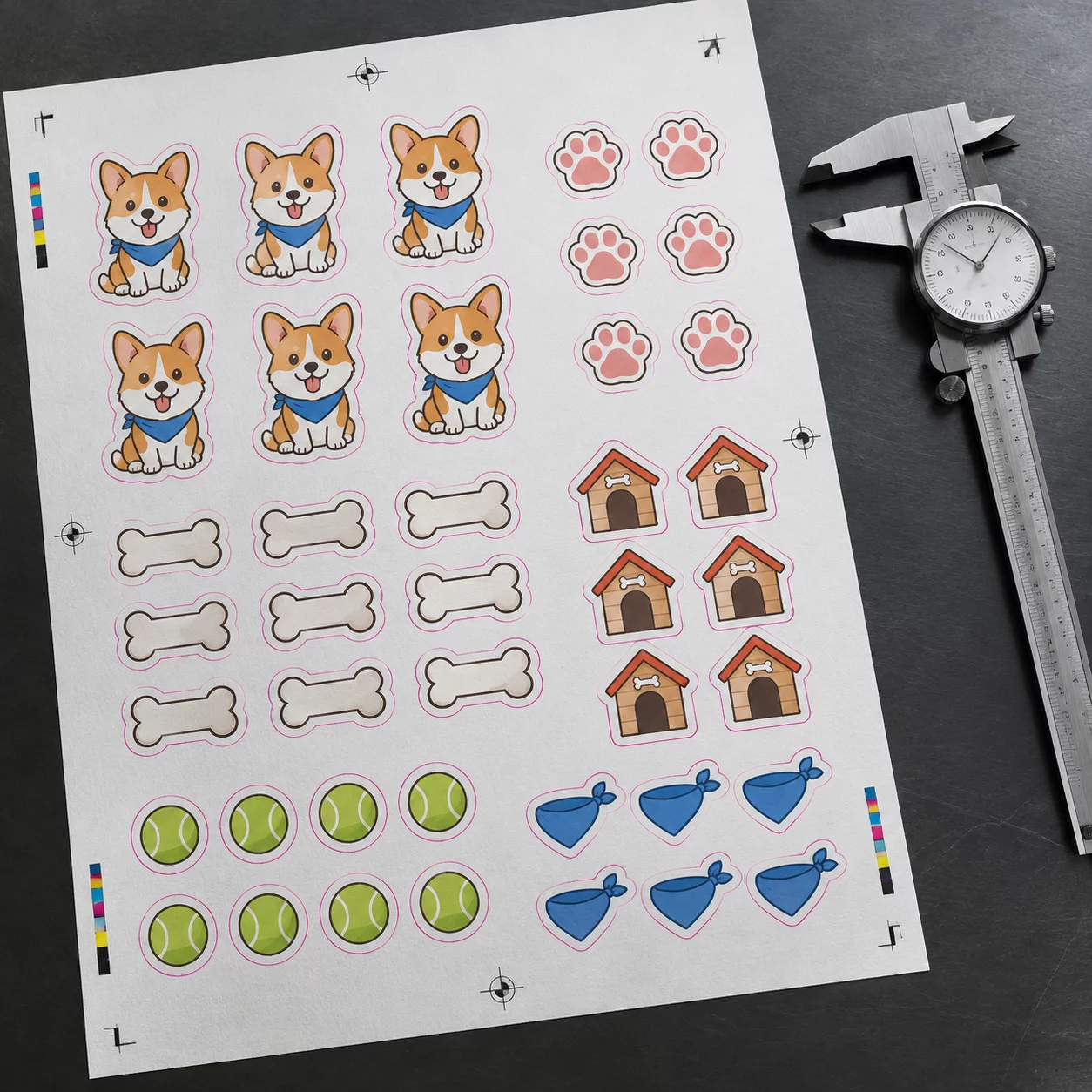 Physical print and cut margin review layout with registration marks